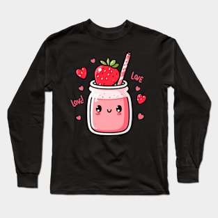 Strawberry Milkshake Drink with Strawberries and Hearts in Kawaii Style | Cutesy Kawaii Long Sleeve T-Shirt